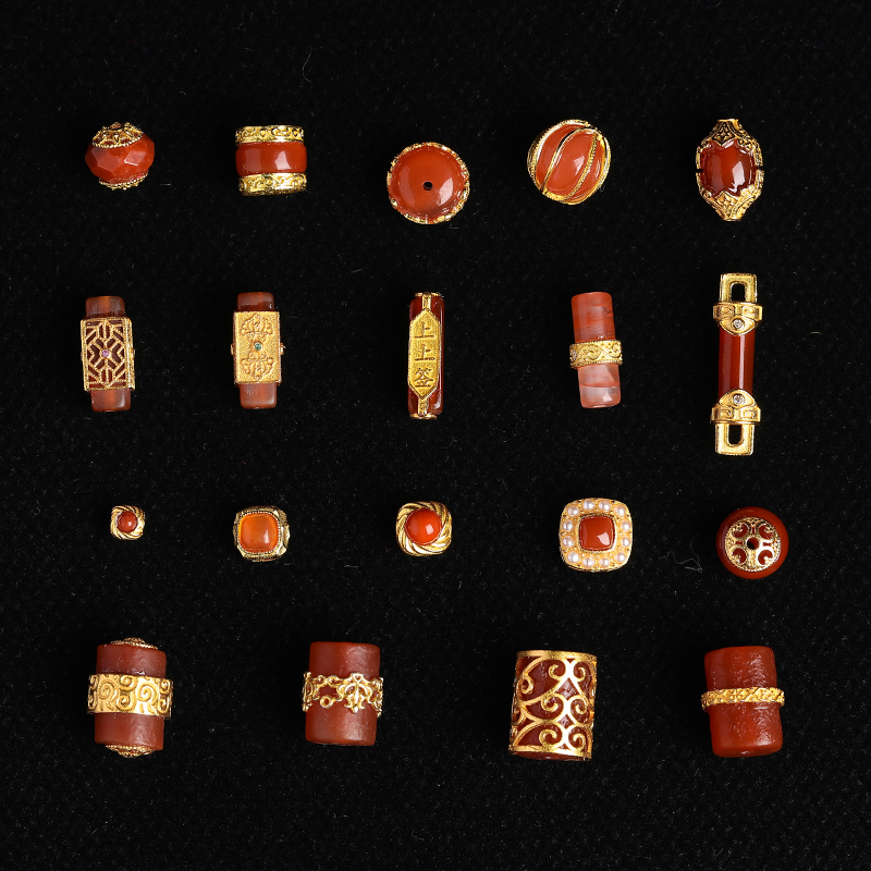 原创S925银镀金镶南红玛瑙桶珠diy文玩佛珠手串手链隔珠文玩配件