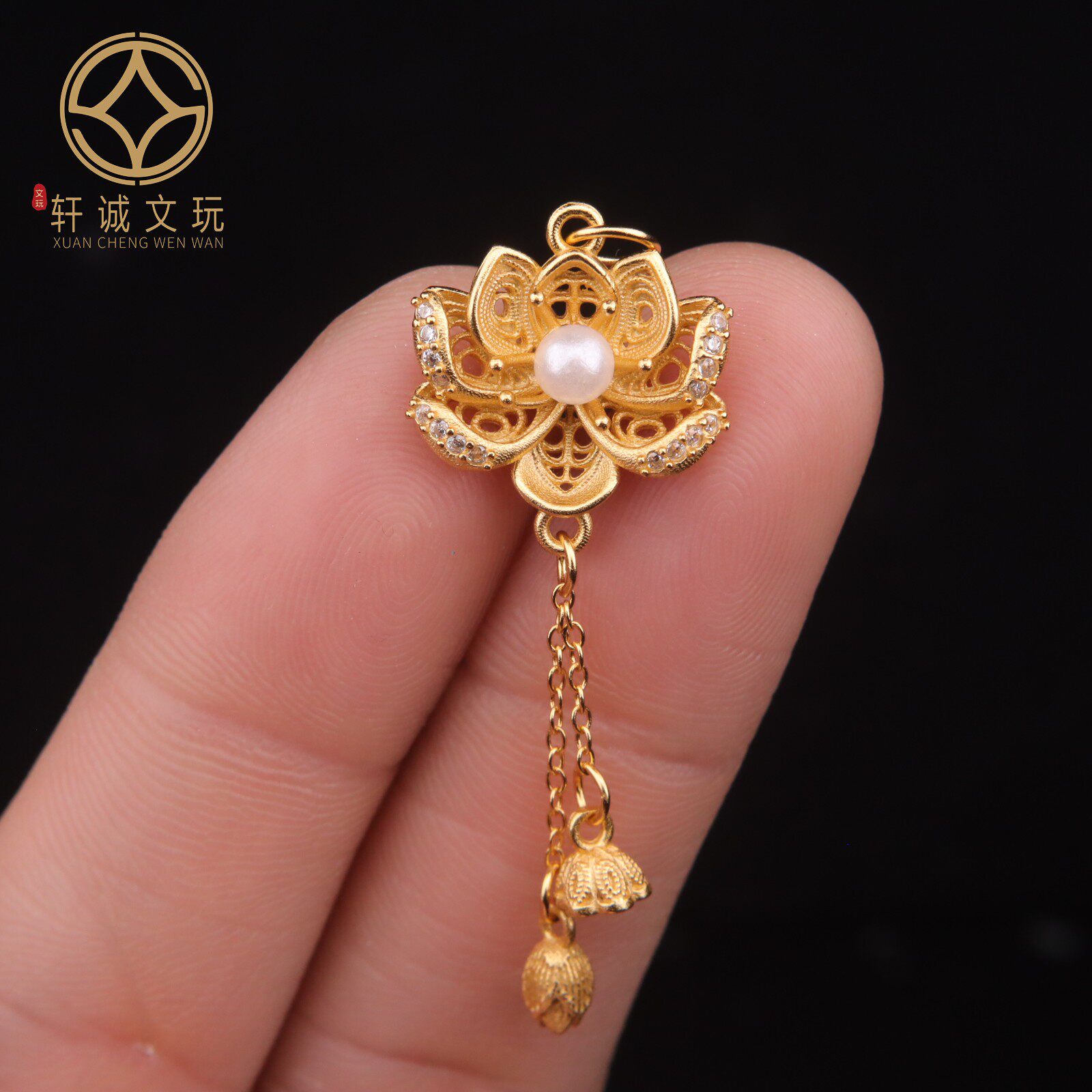 原创925银镀金莲花珍珠镶嵌桶珠腰珠串珠diy文玩散珠配饰吊坠