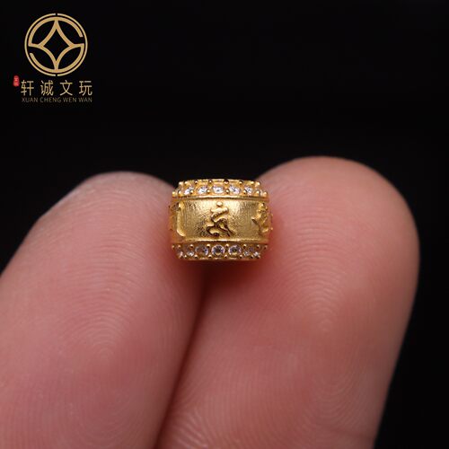 原创925银镀金镶白钻六字真言老型桶珠腰珠隔珠串珠diy文玩配饰