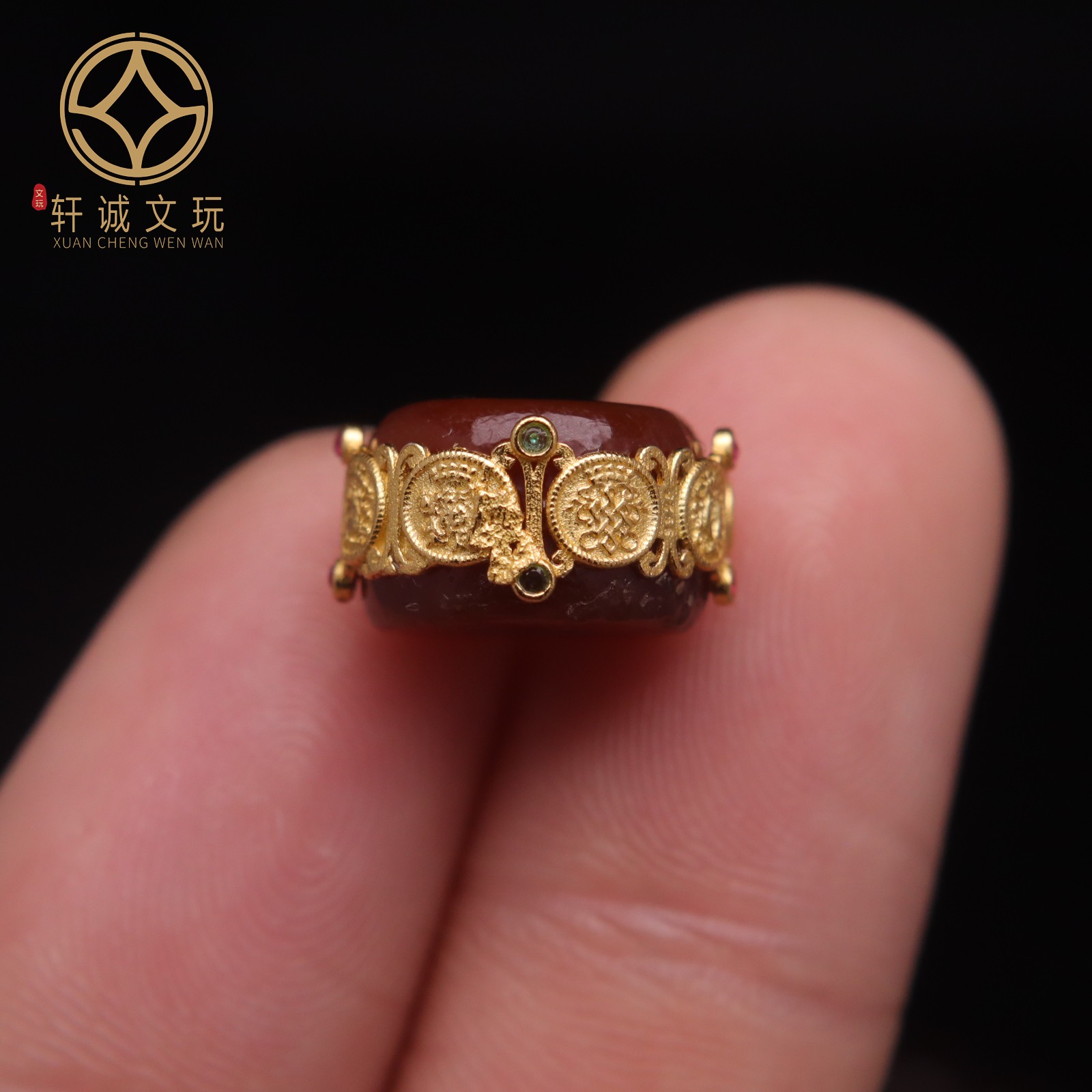 古法金银镀金镶嵌平安扣保真南红满色玛瑙鼓珠散珠DIY配饰配珠