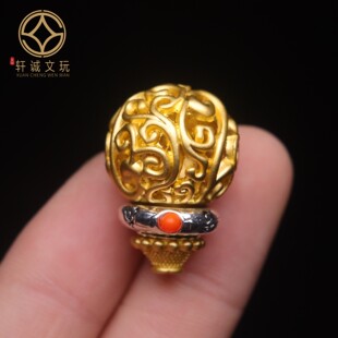 藏式老铜8K工艺回纹大三通镶嵌松石南红金属金色文玩配饰配件饰品