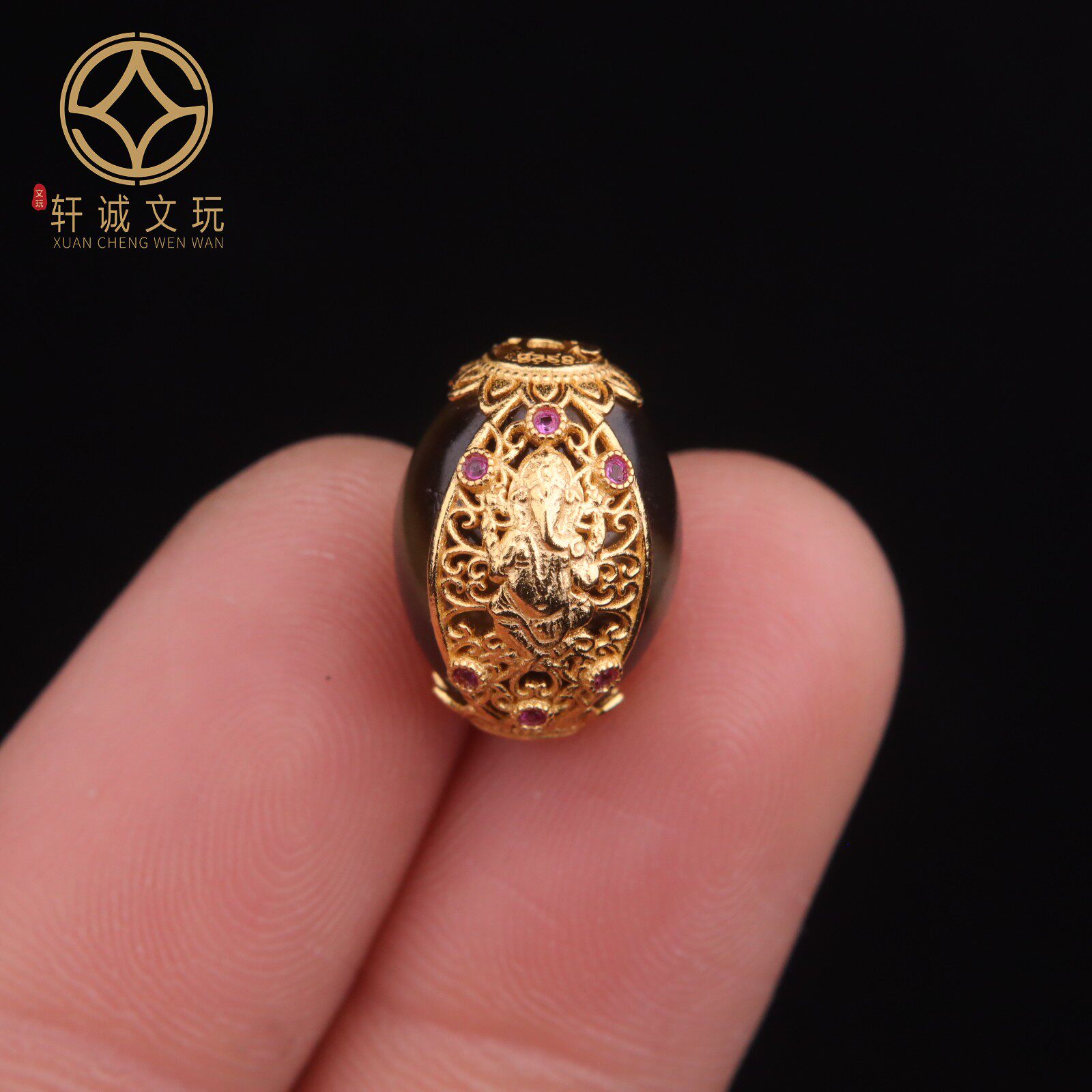 原创925银镀金象神镶嵌天然玛瑙天珠桶珠散珠DIY配饰配件文玩配珠