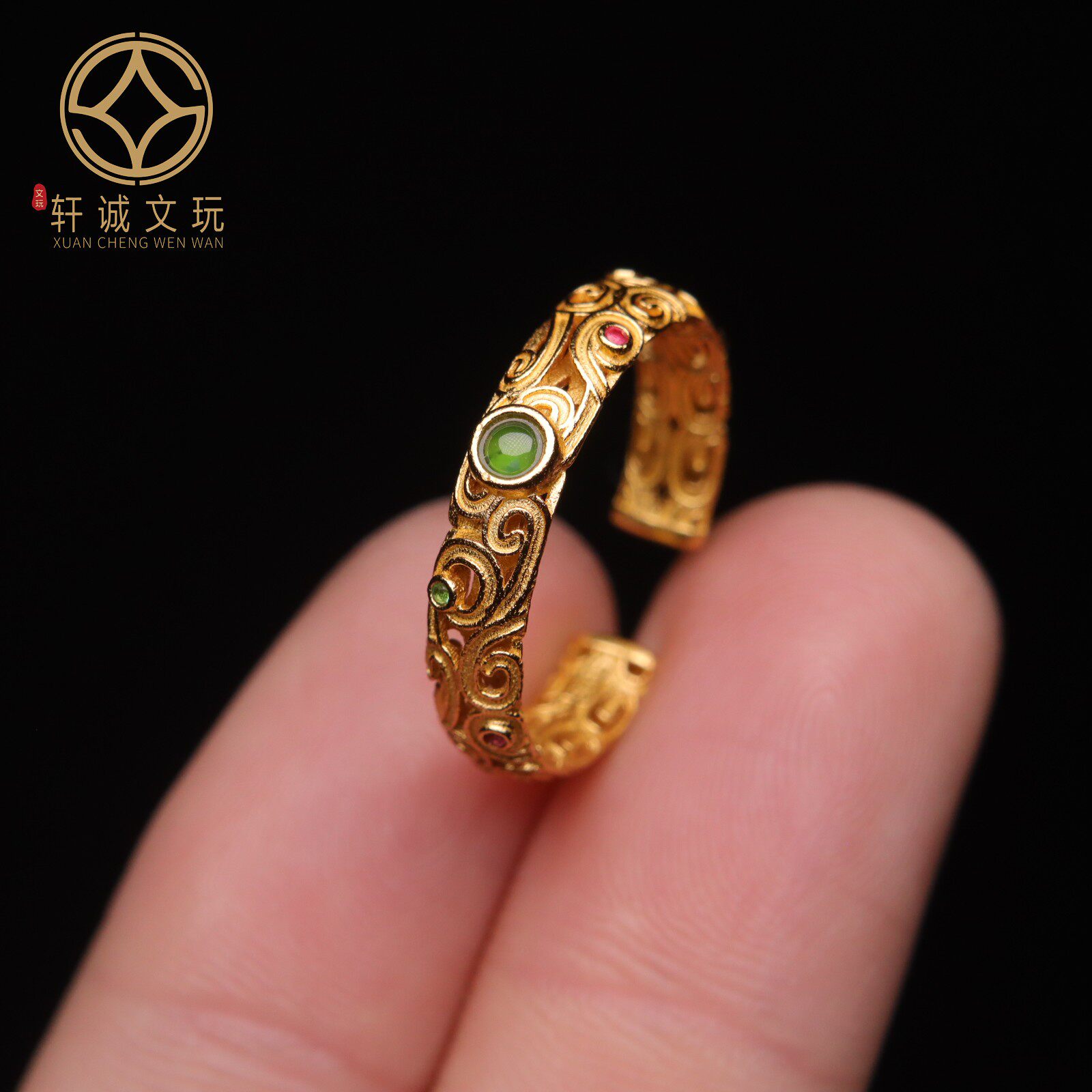 原创S925银镀金翡翠镶嵌指环开口圈扳指戒圈金刚菩提配饰戒指