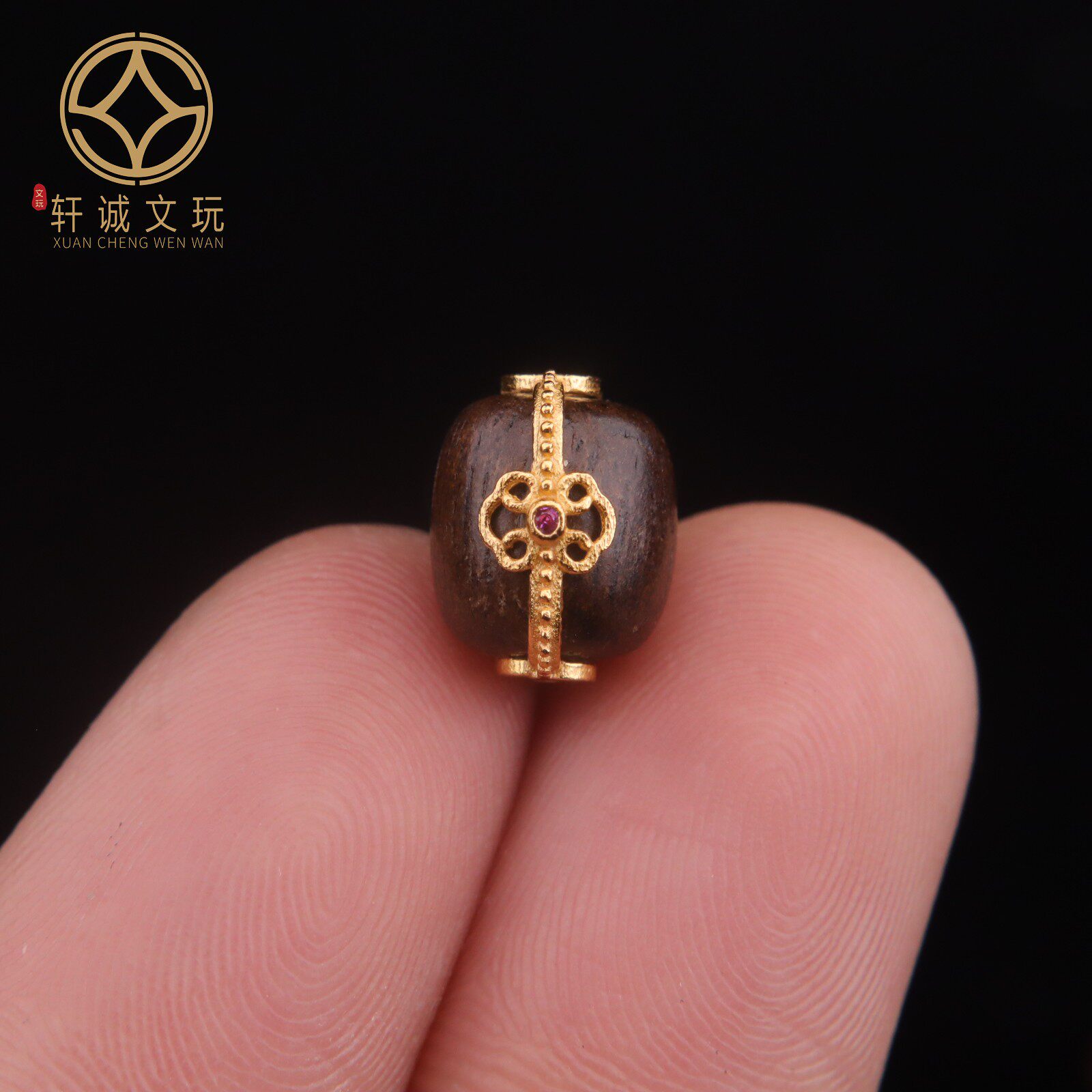 原创S925银镀金天然奇楠沉香木镶嵌聚财咒老型桶珠散珠DIY配件珠