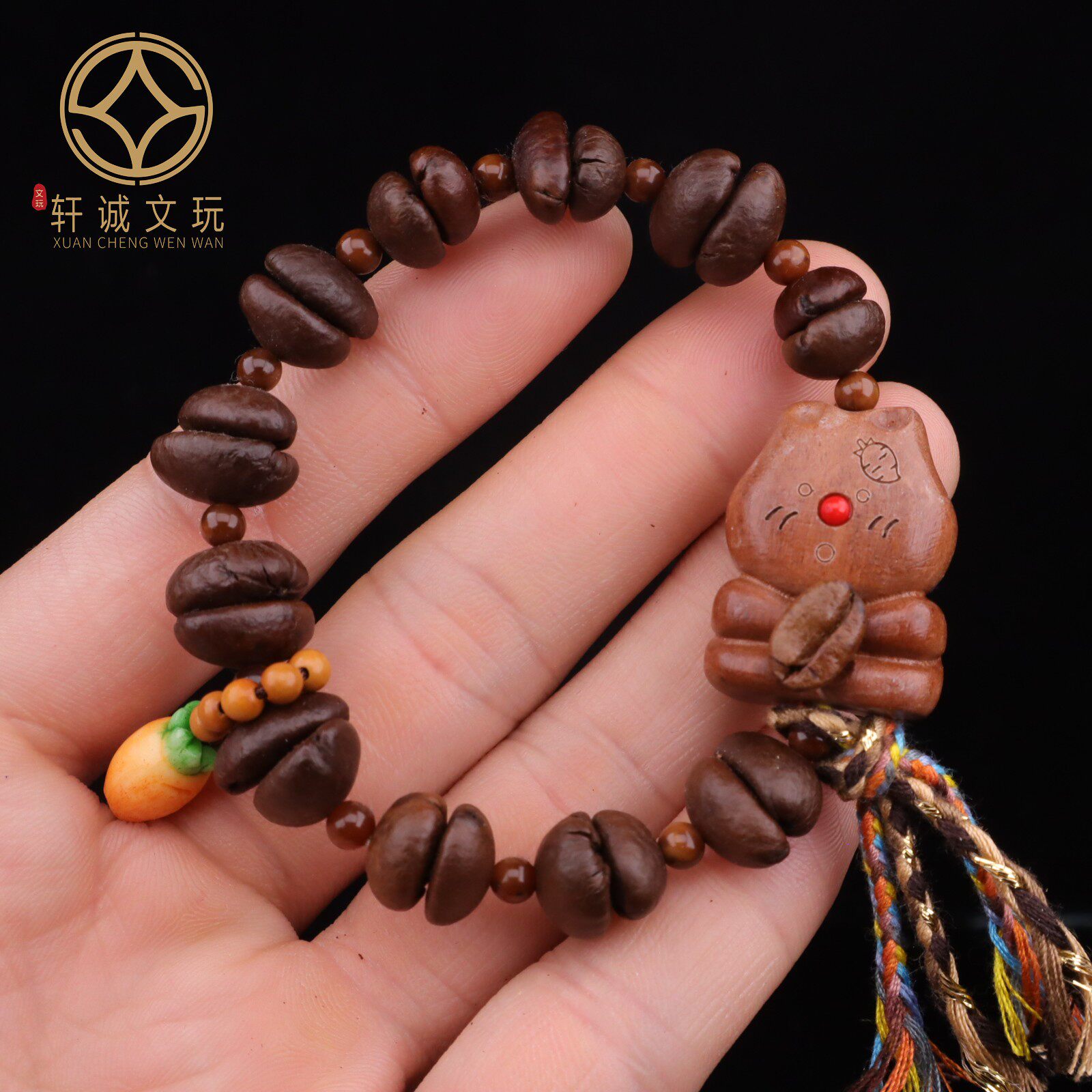 天然咖啡豆招财猫原木桶珠108手串散珠文玩配饰diy单圈手链