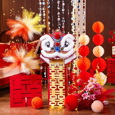 结婚礼装饰醒狮婚房布置套装拍照道具中式狮子头纸鸢花背景墙摆件
