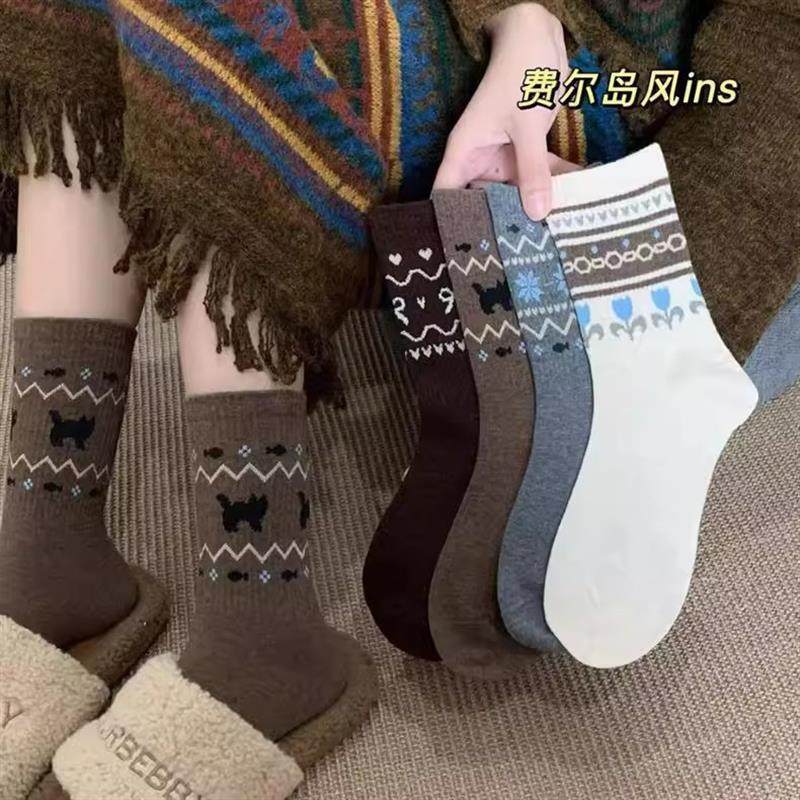 袜子女秋冬保暖加厚复古中筒袜民族风费尔岛新款堆堆袜ins风百搭