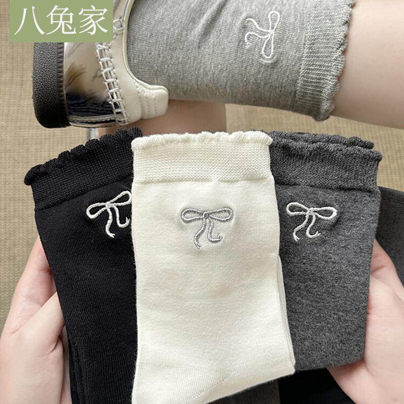 春秋女士芭蕾风袜子ins潮流百搭花边蝴蝶结中筒袜女纯色春夏透气