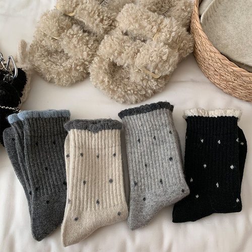 日系复古袜子女秋冬款波点花边保暖加厚堆堆袜韩版简约灰色中筒袜