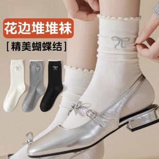 中筒可爱花边长袜灰色miu系芭蕾风秋天 秋冬季 新款 蝴蝶结袜子女款