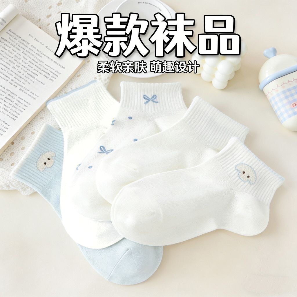 浅蓝蝴蝶结网面袜子女短袜夏季软糯薄款透气奶白浅口船袜甜美日系