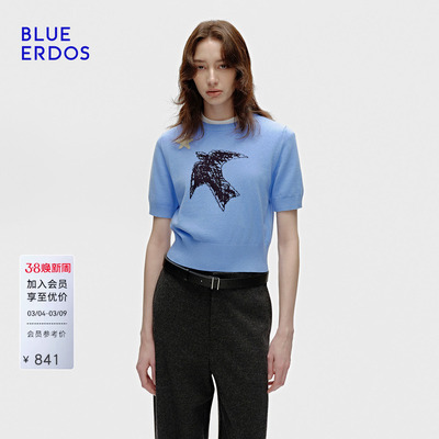 BLUE ERDOS 春季新品时尚简约精纺圆领提花半袖女套衫B256D0024