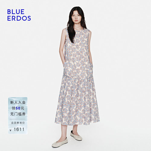 【100%棉】BLUE ERDOS2026夏季新品度假风印花褶饰下摆无袖连衣裙
