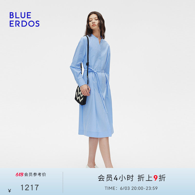 BLUE ERDOS夏季纯棉V领衬衫式欧若风连衣裙B255I3010