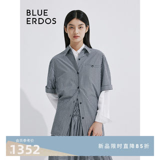 BLUE ERDOS24春夏新款宽松黑白格纹翻领短袖纯棉衬衫女B545HB005