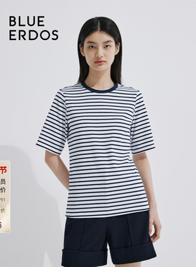 BLUE ERDOS简约蓝白条纹纯棉航海风短袖T恤女上衣B245H1026