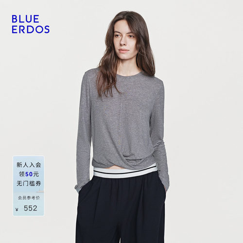 BLUE ERDOS26夏季新品格雷风绵羊毛混纺圆领扭结长袖T恤针织衫女