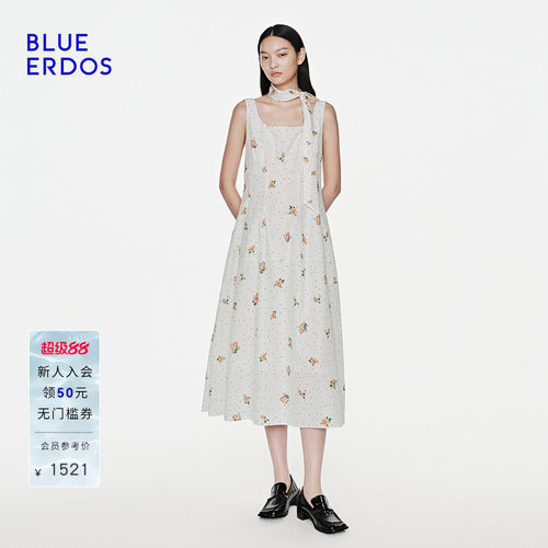 BLUE ERDOS2026夏季新品温柔复古棉混纺法式显瘦波点印花连衣裙女