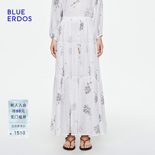 BLUE ERDOS2026夏季新品温柔优雅白底欧花垂坠感蛋糕摆半身长裙女