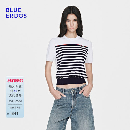 BLUE ERDOS26夏季新品通勤百搭桑蚕丝混纺条纹圆领半袖针织套衫女