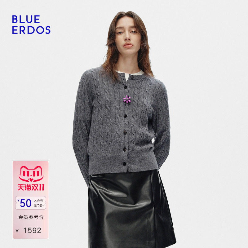 【明星同款】BLUE ERDOS春季100%山羊绒圆领开衫（附可拆卸胸针）
