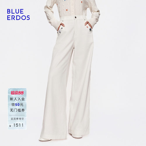 BLUE ERDOS2026秋冬新品日常通勤趣味刺绣垂坠感白色阔腿牛仔裤女