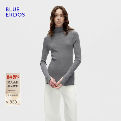 BLUE ERDOS 冬季新品简约中灰色拼接撞色高领女套衫B256D0020