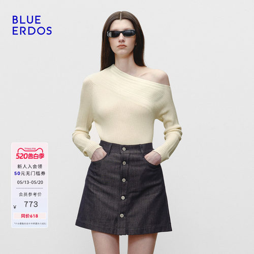 BLUE ERDOS 春季新品质感简约羊毛混纺一字领斜肩修身女针织衫