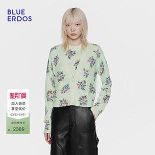 100%山羊绒 V领针织开衫 BLUE 复古印花短款 女 ERDOS26早春新品