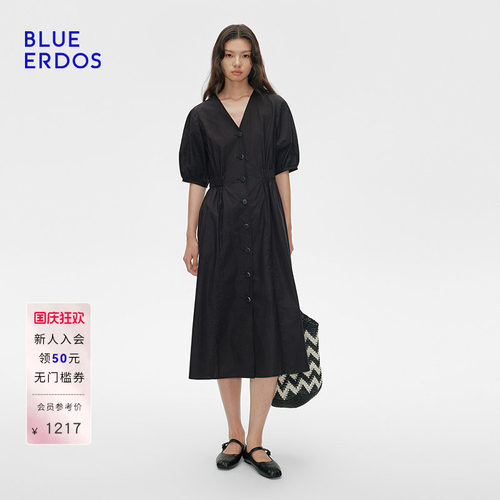 BLUE ERDOS夏季全棉V领五分袖气质连衣裙小黑裙女B255I3020