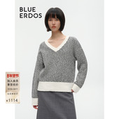 简约宽松V领黑白翻花针织套衫 BLUE ERDOS B246A0054