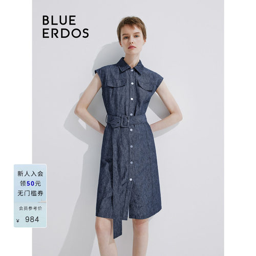 BLUE ERDOS 翻领无袖中长款仿牛仔感连衣裙B245I3027