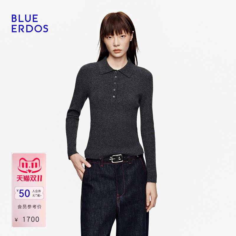 【100%山羊绒】BLUE ERDOS2026秋冬新品修身利落半开扣Polo领套衫
