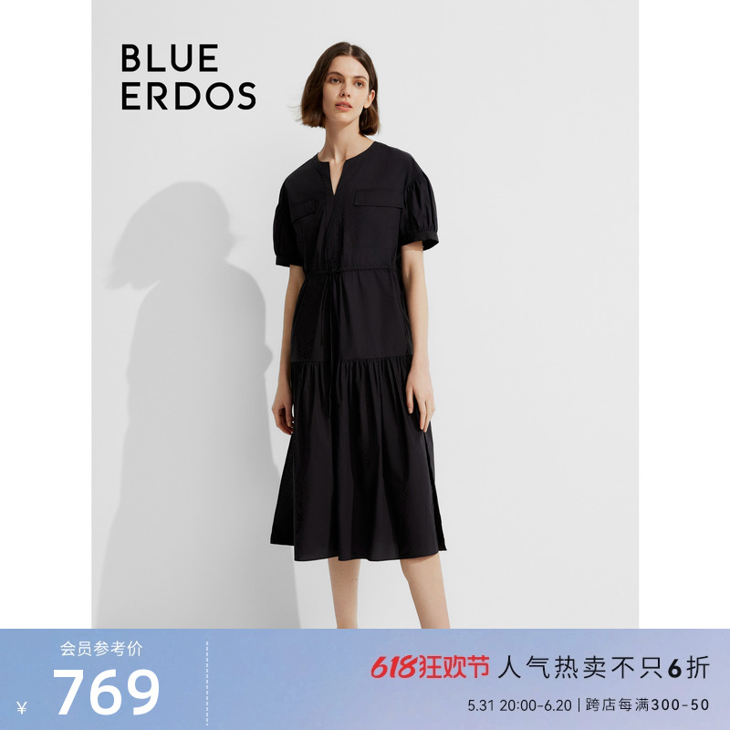 blueerdos纯棉V领泡泡袖连衣裙