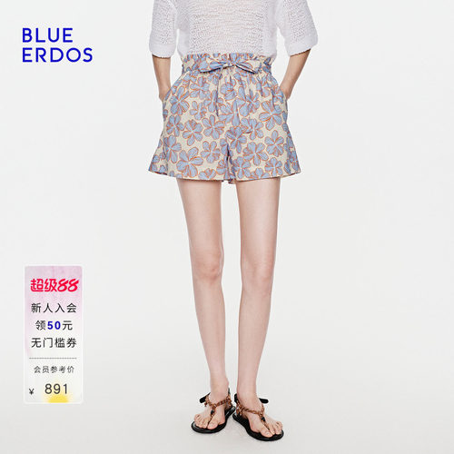 【100%棉】BLUE ERDOS2026夏季新品高腰A字印花荷叶边系带短裤女