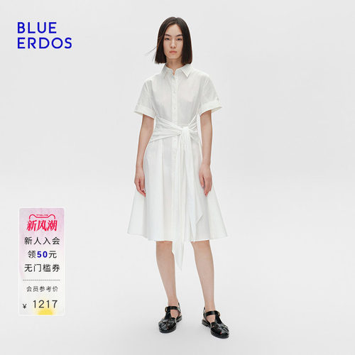 BLUE ERDOS夏季纯棉短袖POLO领飘带设计A字连衣裙B255I3012