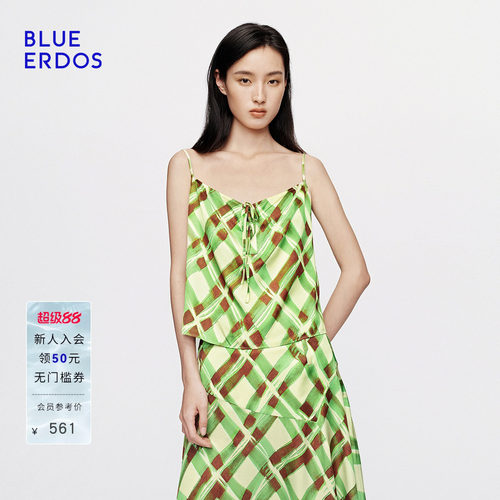 BLUE ERDOS2026秋冬新品气质复古桑蚕丝混纺格纹印花V领吊带女