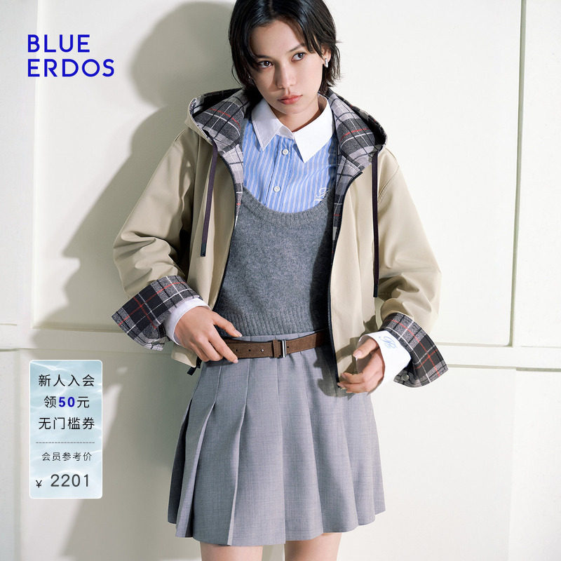【100%棉】BLUE ERDOS26早春新品英伦风双面穿连帽拉链夹克外套女