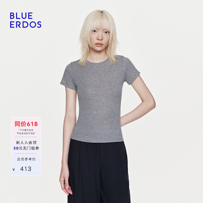 BLUE ERDOS26早春新品简约舒适绵羊毛混纺修身通勤百搭圆领短袖女