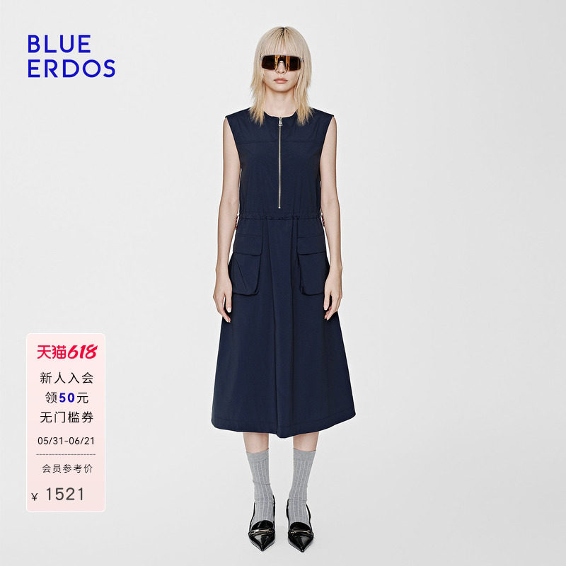 BLUE ERDOS26夏季新品简约休闲海军蓝无袖长款连衣裙女B2265I019