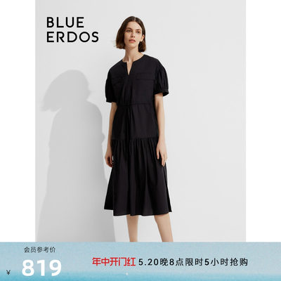 blueerdos纯棉V领泡泡袖连衣裙