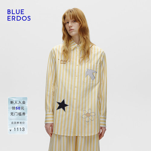 BLUE ERDOS 春季新品气质简约贴布绣宽松竖条纹衬衫B256HB003