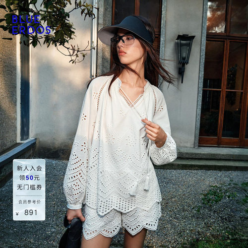 【100%棉】BLUE ERDOS2026夏季新品清新随性镂空刺绣松紧腰短裤女