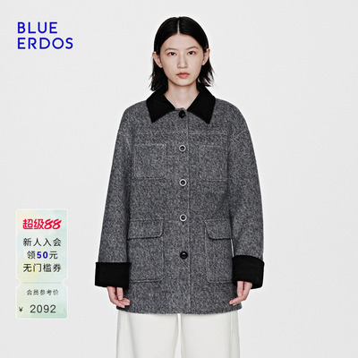 BLUE ERDOS 春季新品复古翻领撞色中长款毛呢大衣外套女