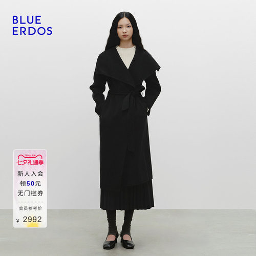 BLUE ERDOS秋季高智摩登质感羊毛羊绒翻领黑色女大衣B256K4701