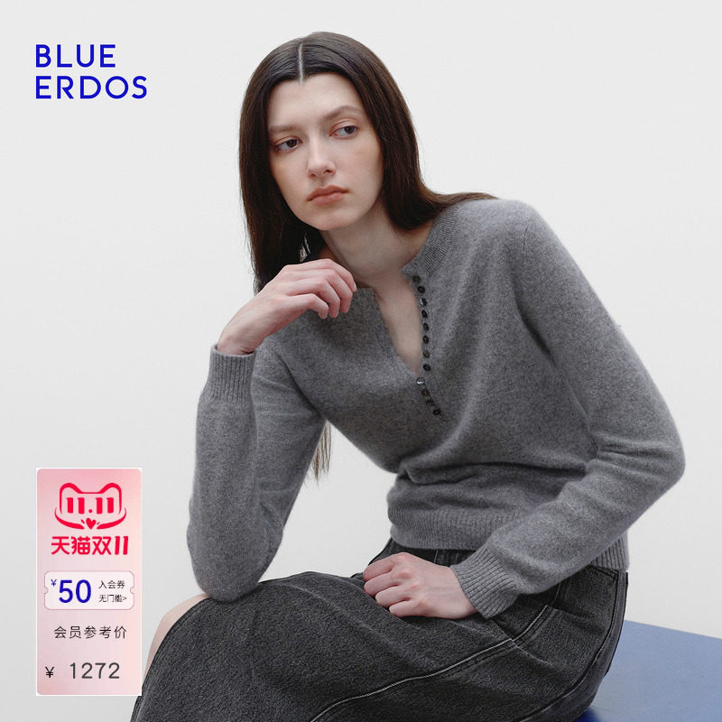 【明星同款】BLUE ERDOS秋季格雷系山羊绒混纺半开圆领羊绒衫女