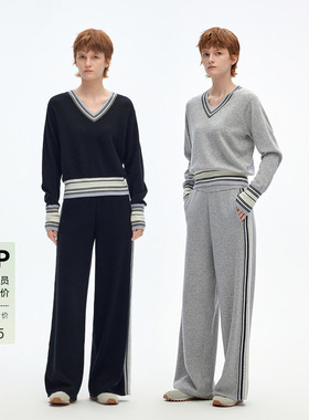 BLUE ERDOSmiu系慵懒风条纹拼接V领羊毛羊绒针织套衫