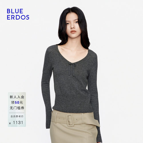 BLUE ERDOS2026秋冬新品温婉松弛山羊绒混纺喇叭袖V领长袖套衫女
