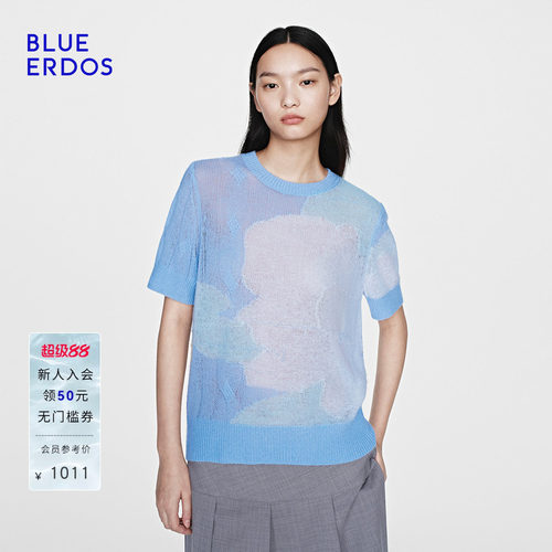 【空气羊绒】BLUE ERDOS26夏季新品羊毛羊绒混纺冰蓝提花半袖套衫