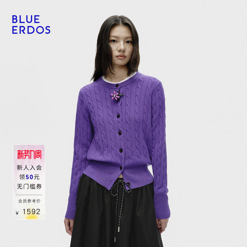 【100%山羊绒】BLUE ERDOS2026秋冬新品复古修身圆领绞花女开衫